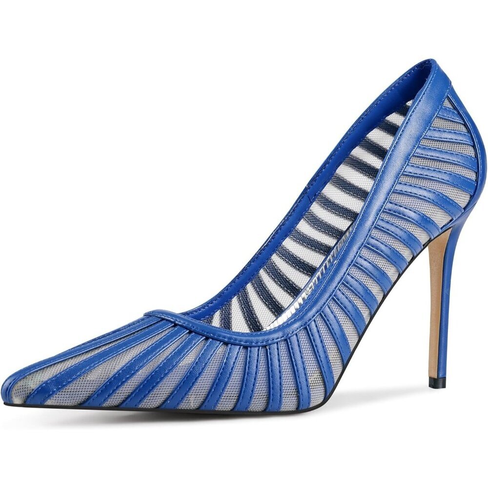 Women's Blue Pumps Pointed Toe Heels Closed Toe Mesh Pumps High Stiletto Heel